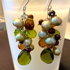 Beaded faux earth tone crystal pearl dangling show stopper earrings
